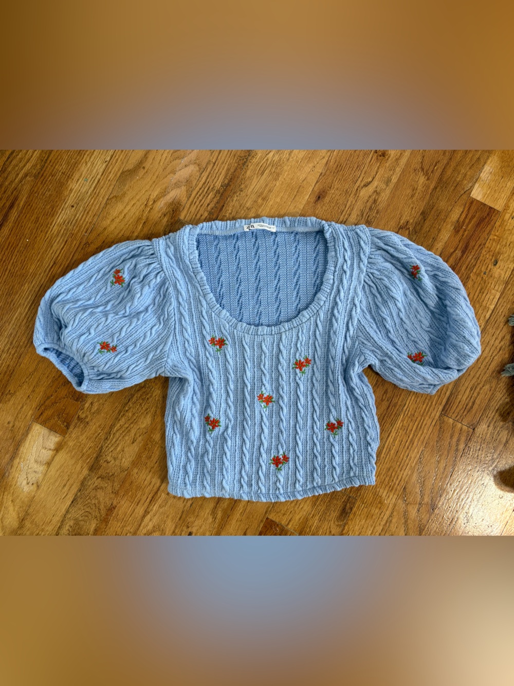 Zara Pale Blue Cable Knit Crop Top Sweater with Puff Sleeves